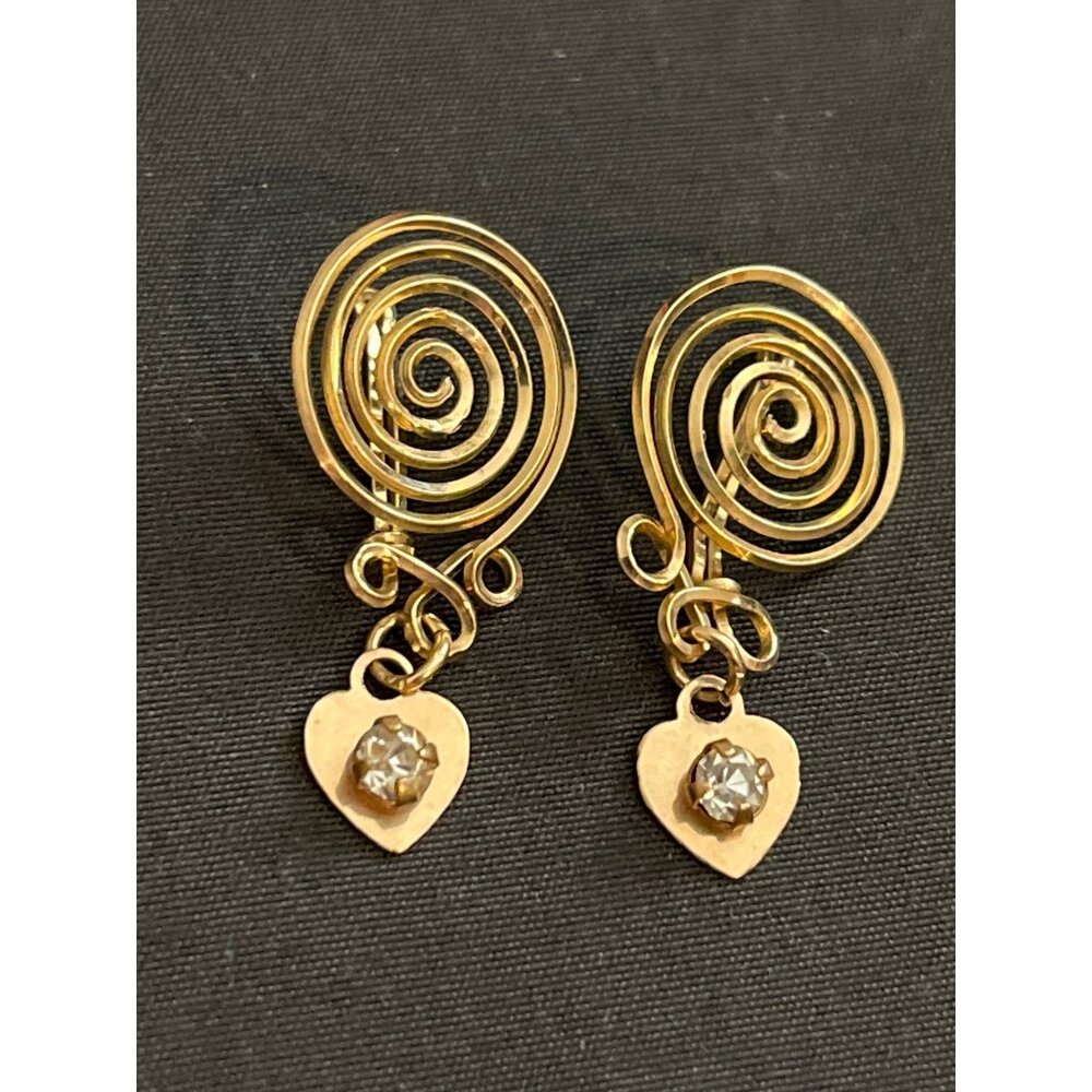 Antique Vitg Gold Swirl Earrings & Brooch with Heart Pendants 3 piece Set 3.1g - Picture 3 of 8